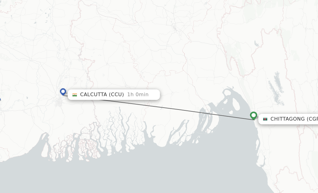 Flights from Chittagong to Kolkata route map