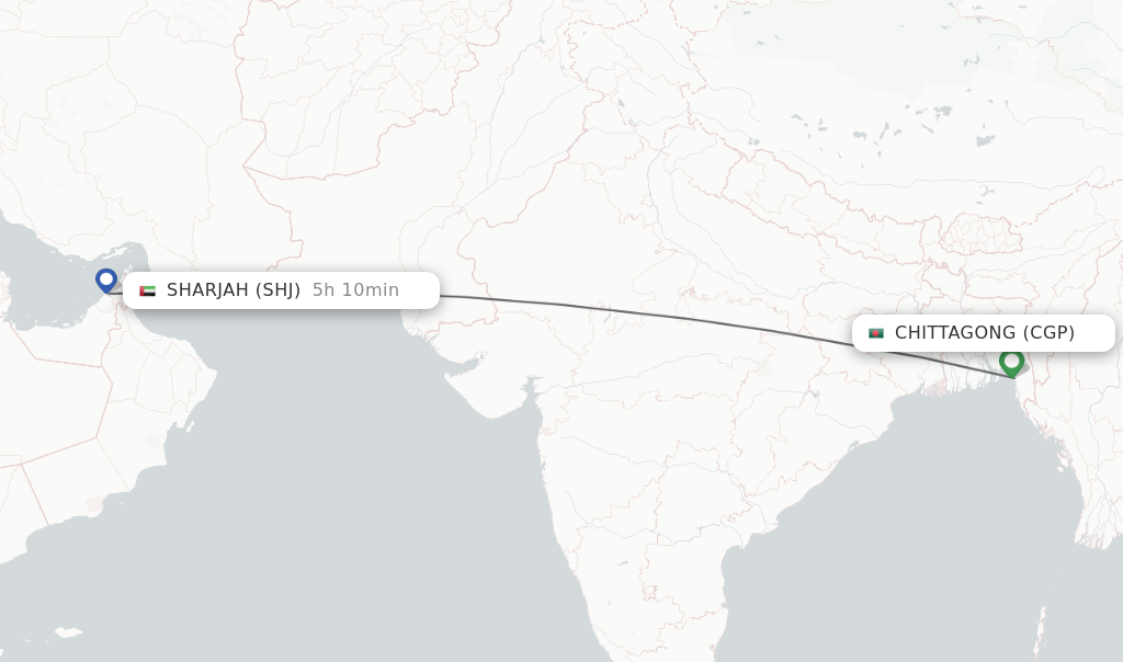 Flights from Chittagong to Sharjah route map