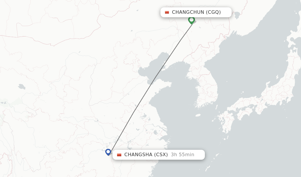 Flights from Changchun to Changsha route map
