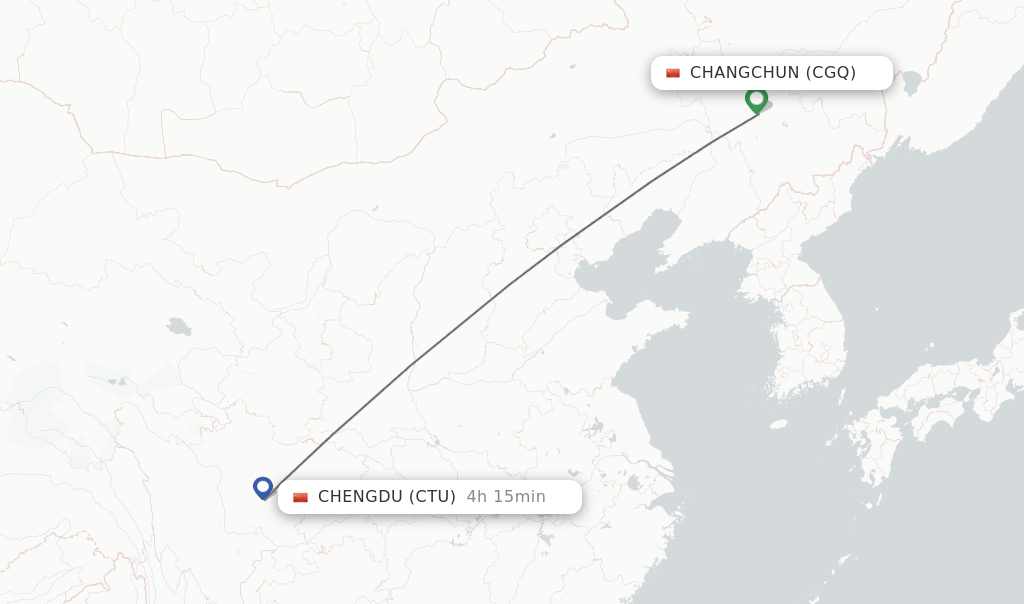 Flights from Changchun to Chengdu route map