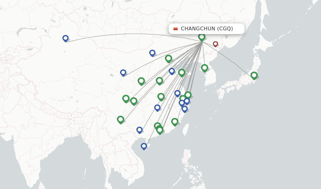 Route map with flights from Changchun with China Southern