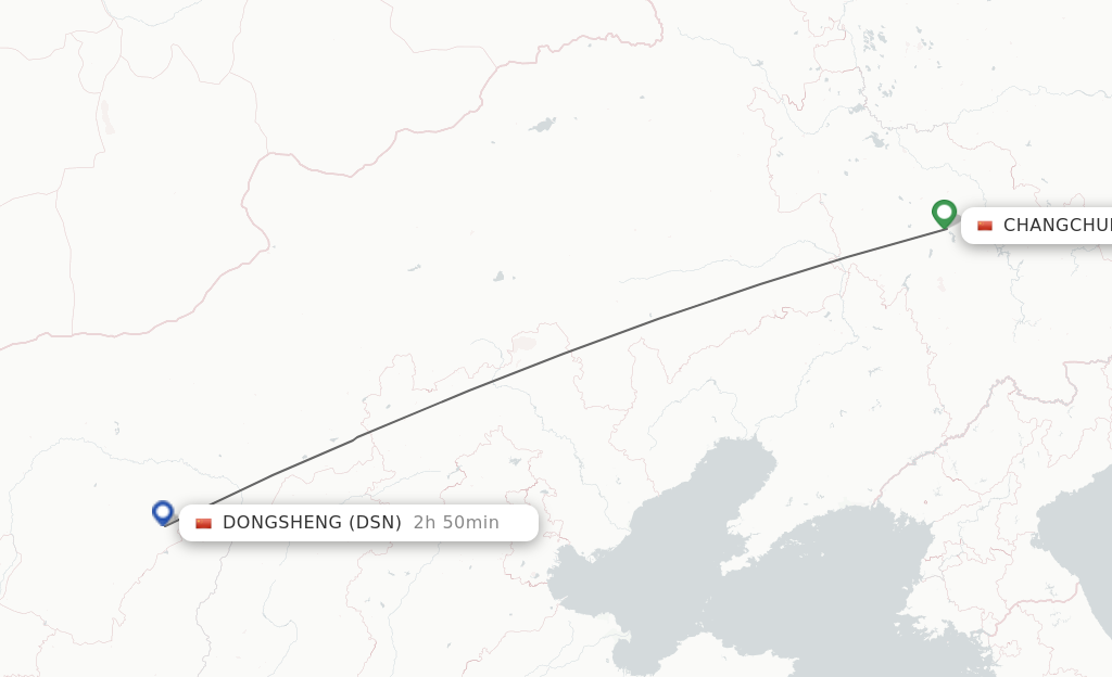 Flights from Changchun to Dongsheng route map