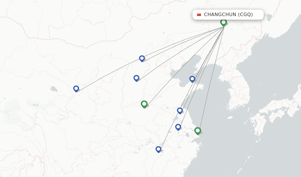 Route map with flights from Changchun with Shanghai Airlines