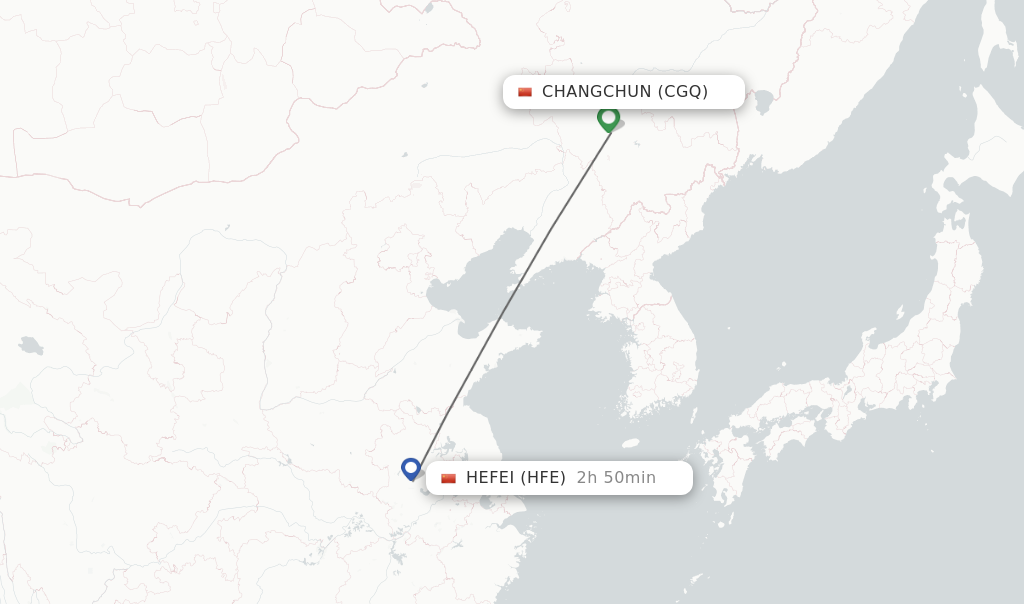 Flights from Changchun to Hefei route map