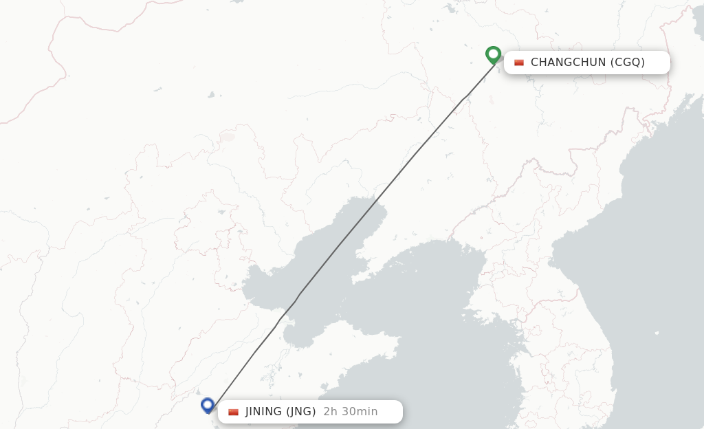 Flights from Changchun to Jining route map
