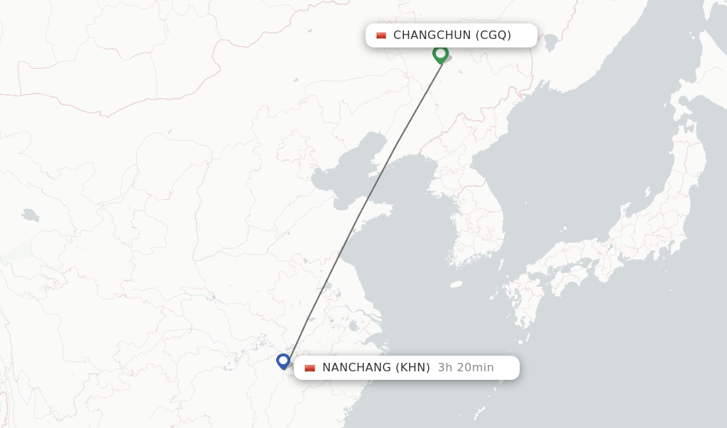 Flights from Changchun to Nanchang route map