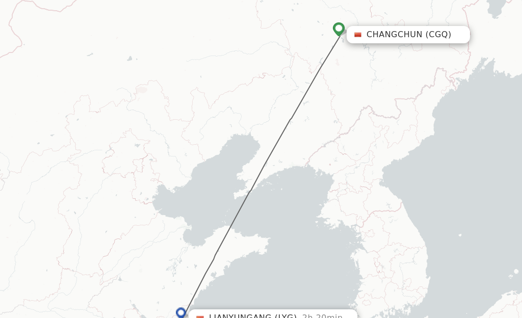 Flights from Changchun to Lianyungang route map