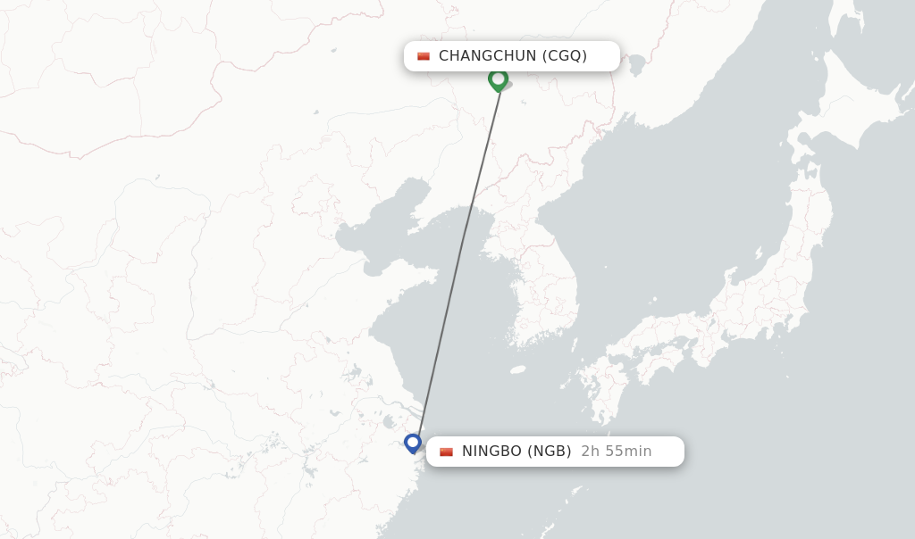 Flights from Changchun to Ningbo route map