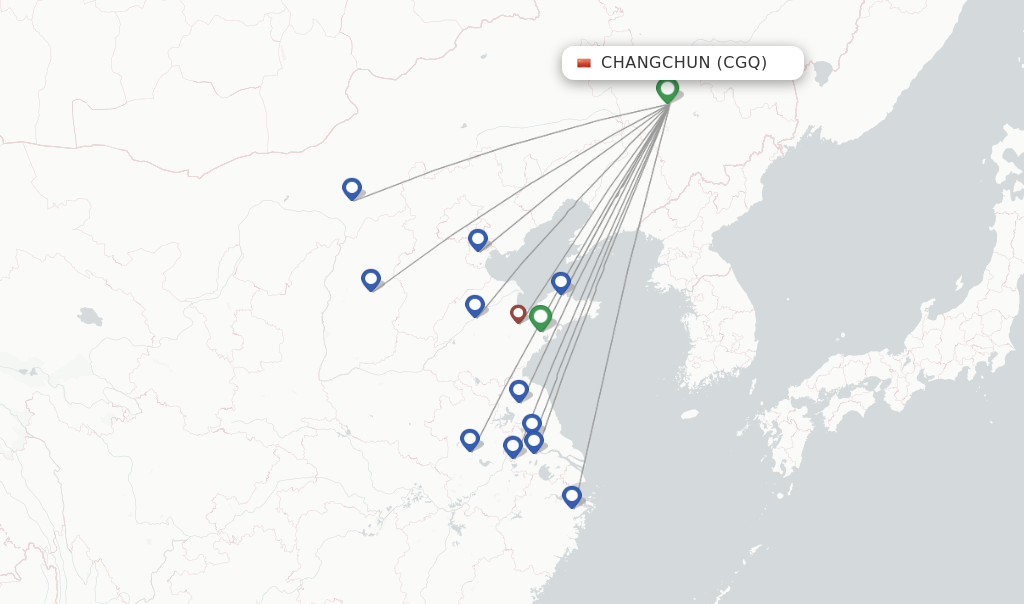 Route map with flights from Changchun with Qingdao Airlines