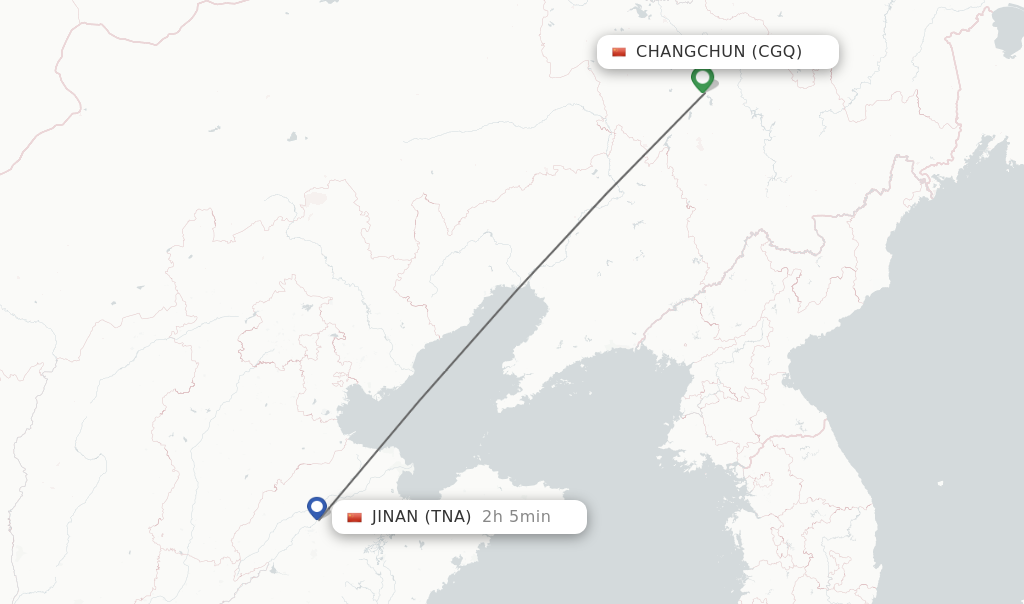 Flights from Changchun to Jinan route map