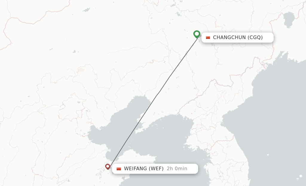 Flights from Changchun to Weifang route map