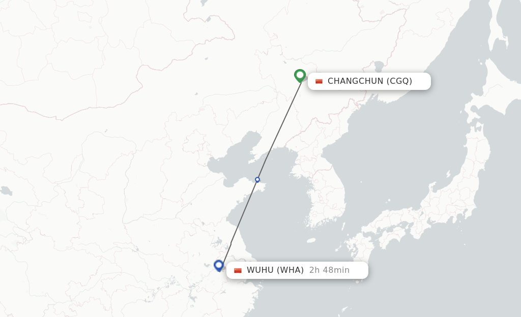 Flights from Changchun to Wuhu route map