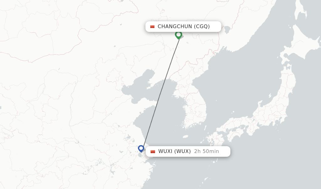 Flights from Changchun to Wuxi route map