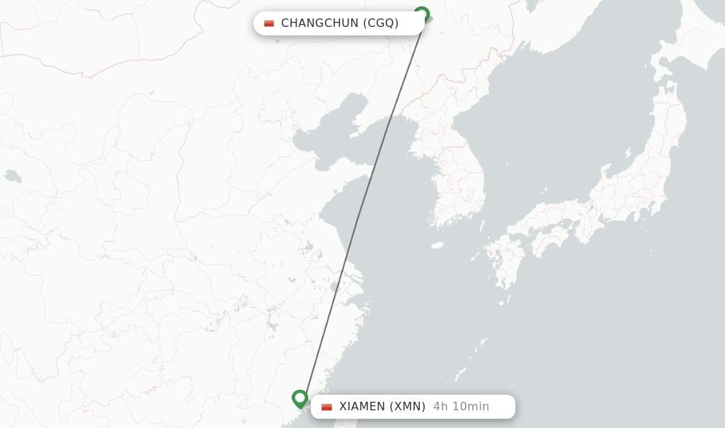 Flights from Changchun to Xiamen route map