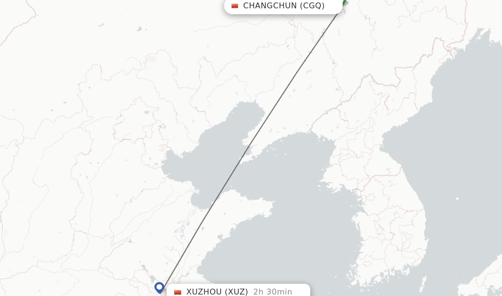 Flights from Changchun to Xuzhou route map