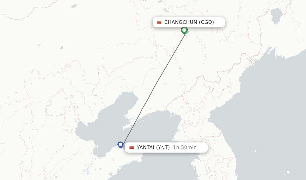 Flights from Changchun to Yantai route map