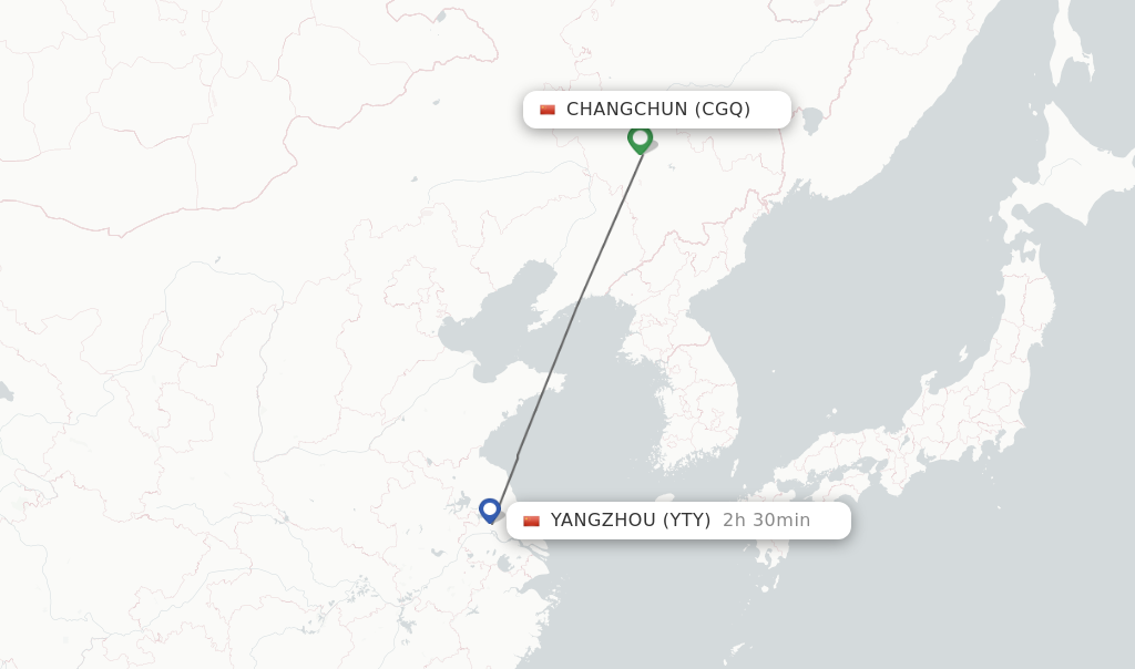 Flights from Changchun to Yangzhou route map