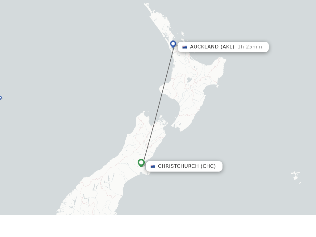 Flights from Christchurch to Auckland route map