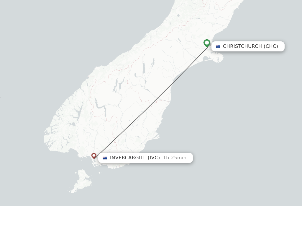 Flights from Christchurch to Invercargill route map