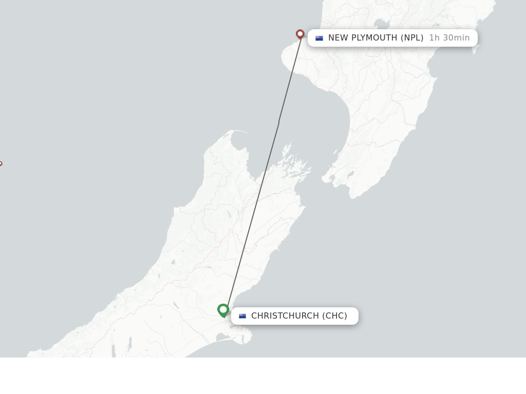 Flights from Christchurch to New Plymouth route map