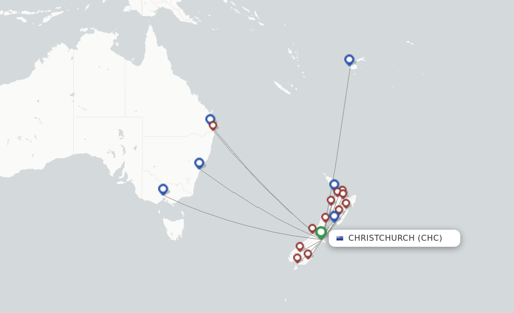 Route map with flights from Christchurch with Air New Zealand
