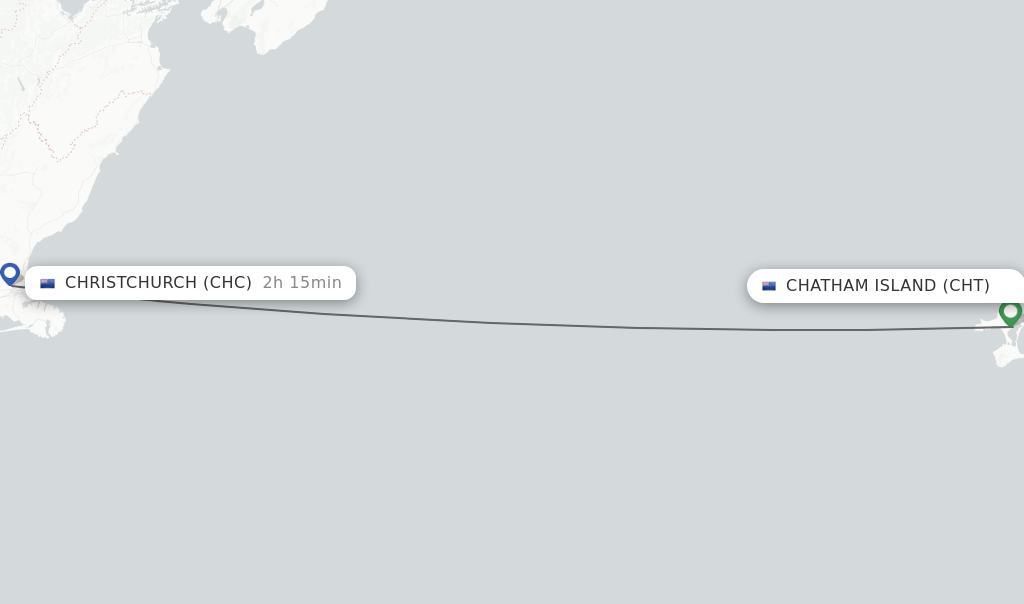 Flights from Chatham Island to Christchurch route map