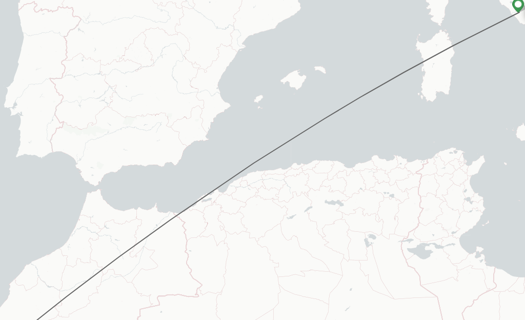 Flights from Rome to Agadir route map