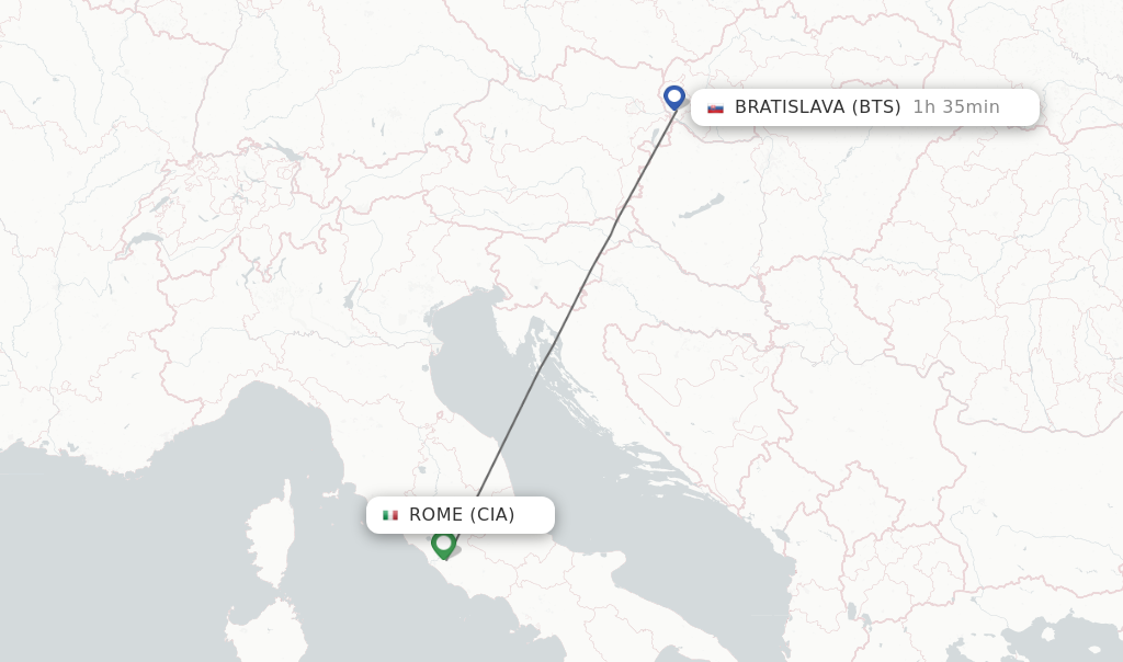 Flights from Rome to Bratislava route map