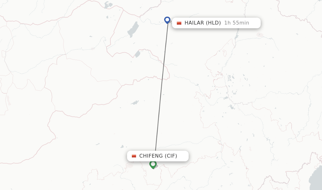 Flights from Chifeng to Hailar route map