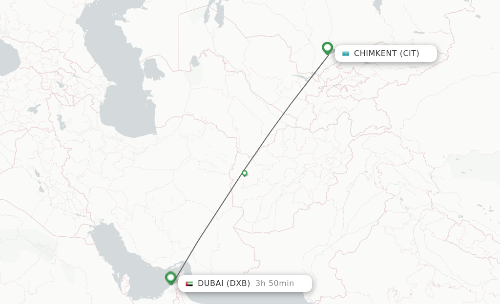 Flights from Shymkent to Dubai route map