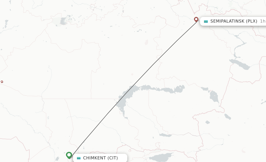 Flights from Shymkent to Semipalatinsk route map