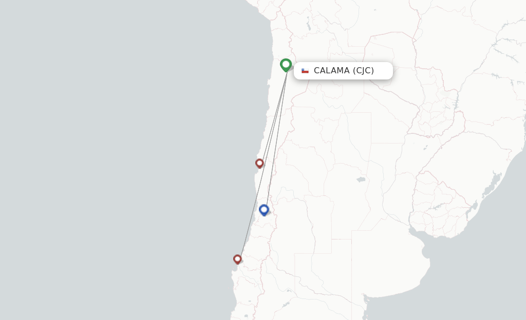 Route map with flights from Calama with JetSMART