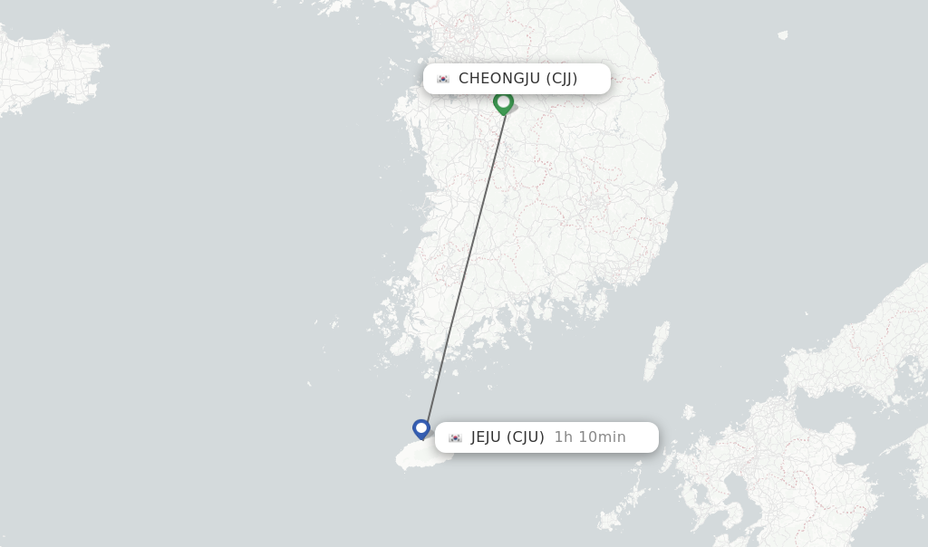 Flights from Cheongju to Jeju route map