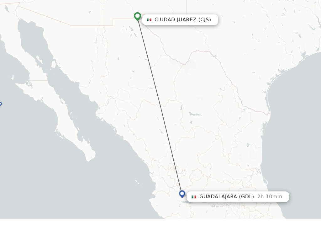 Flights from Ciudad Juarez to Guadalajara route map