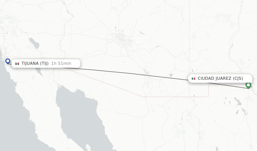 Flights from Ciudad Juarez to Tijuana route map