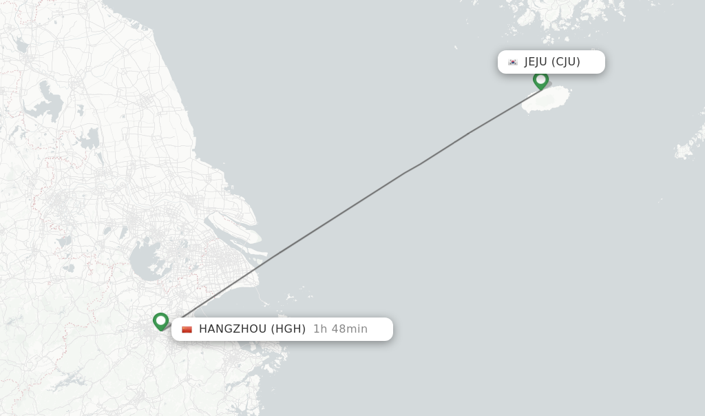 Flights from Jeju to Hangzhou route map