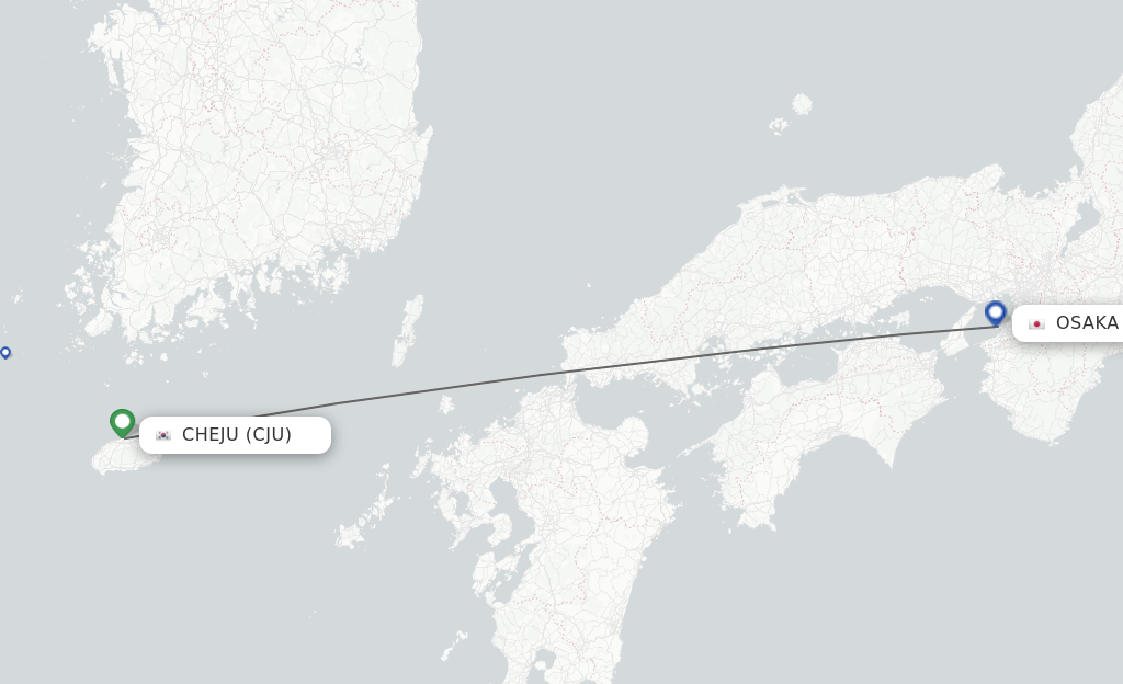 Flights from Jeju to Osaka route map