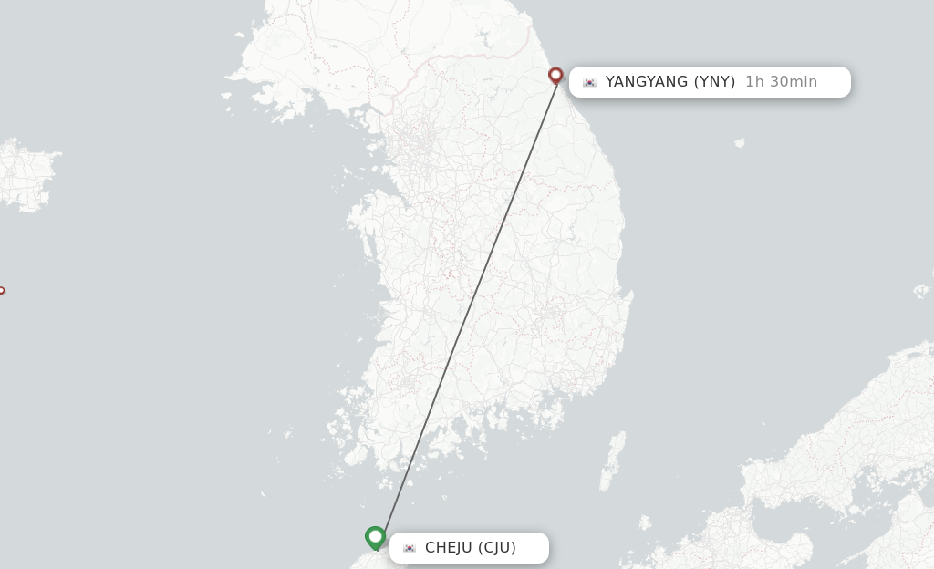 Flights from Jeju to Yangyang route map