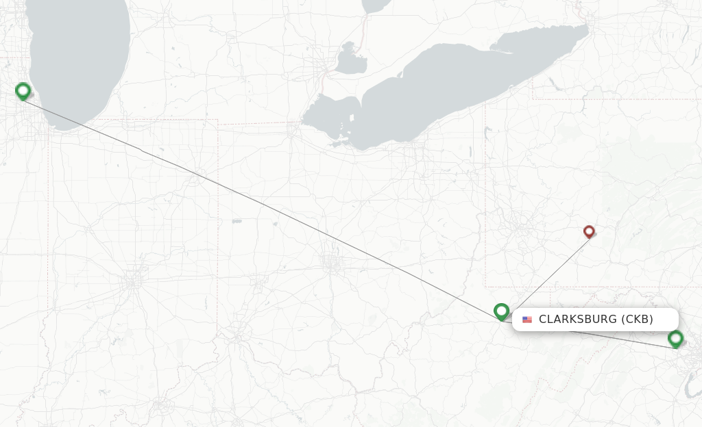 Route map with flights from Clarksburg with United