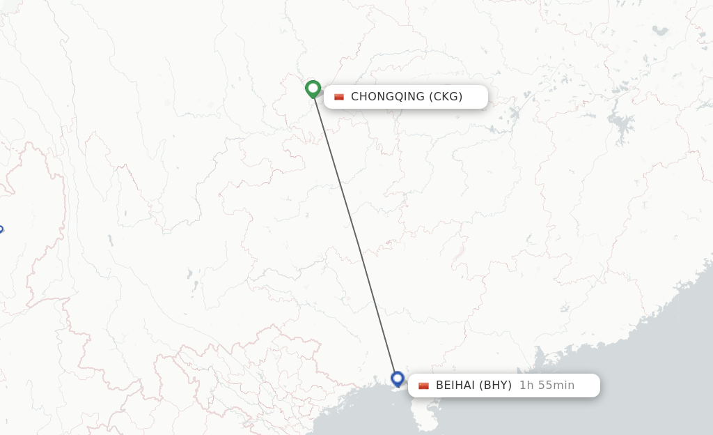 Flights from Chongqing to Beihai route map