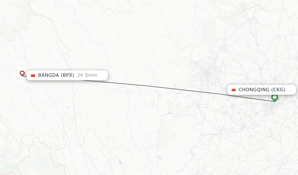 Flights from Chongqing to Bangda route map
