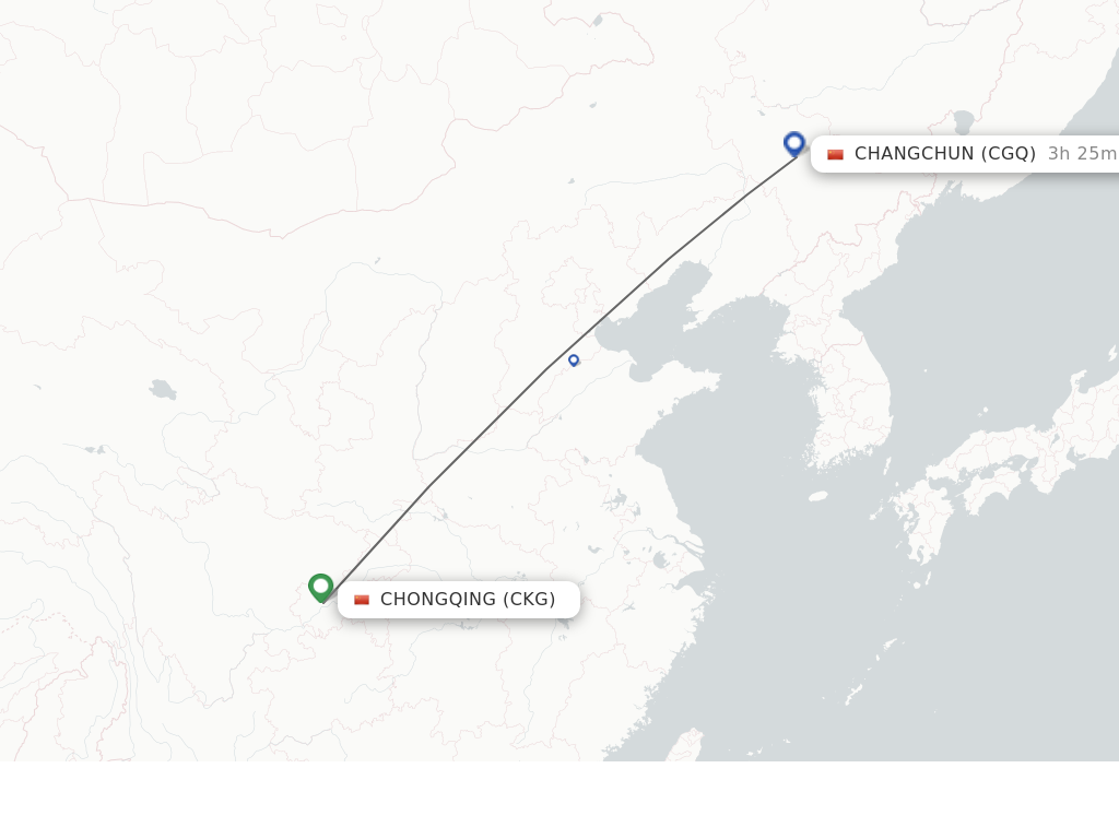 Flights from Chongqing to Changchun route map