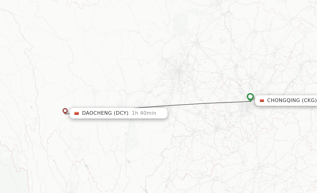 Flights from Chongqing to Daocheng route map