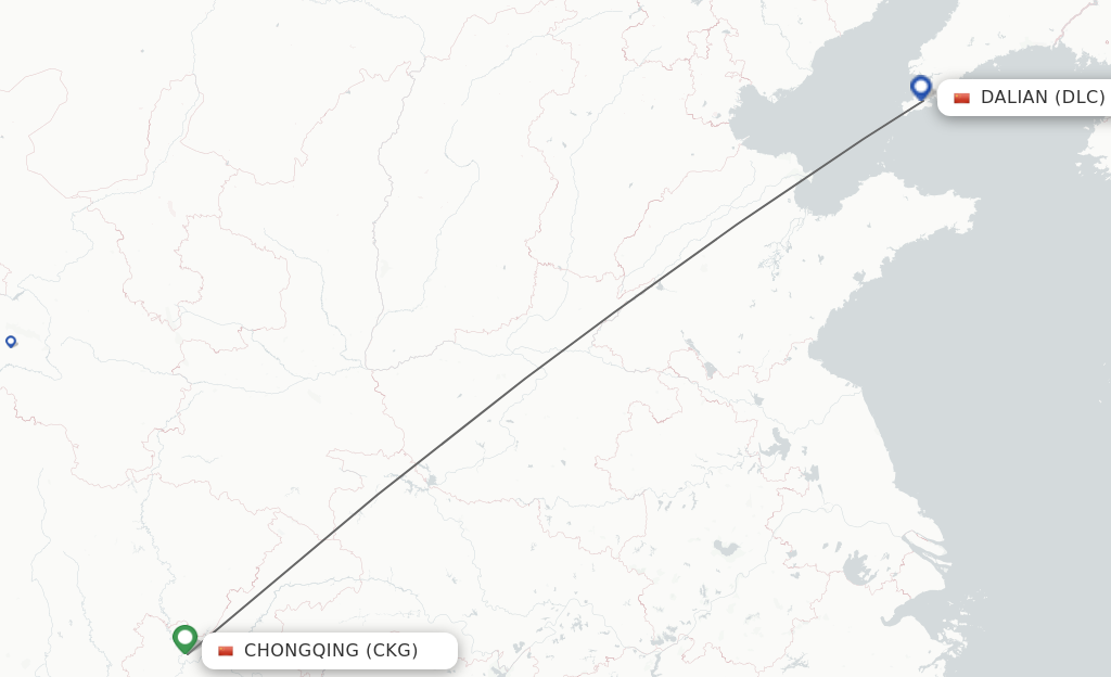 Flights from Chongqing to Dalian route map