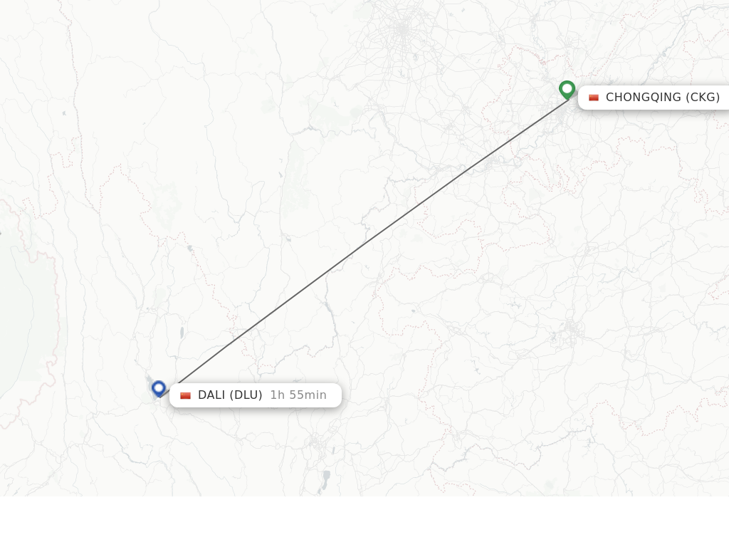 Flights from Chongqing to Dali City route map