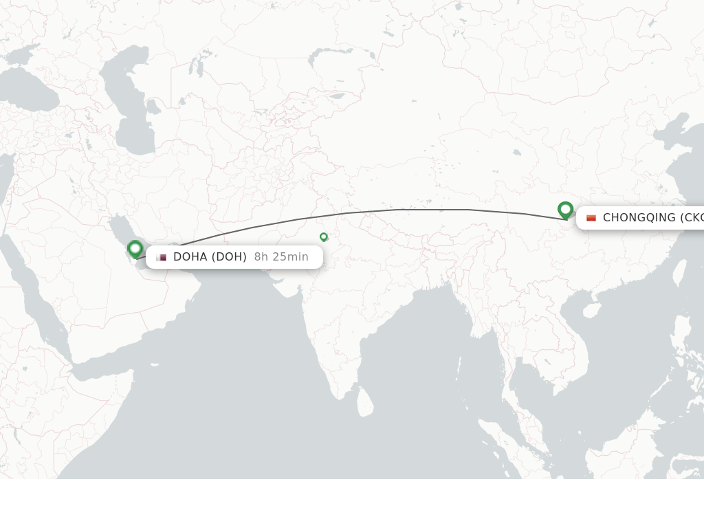 Flights from Chongqing to Doha route map