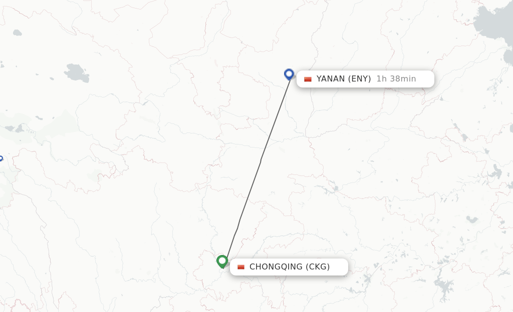 Flights from Chongqing to Yan'an route map