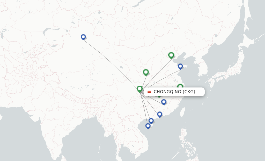 Route map with flights from Chongqing with Tianjin Airlines