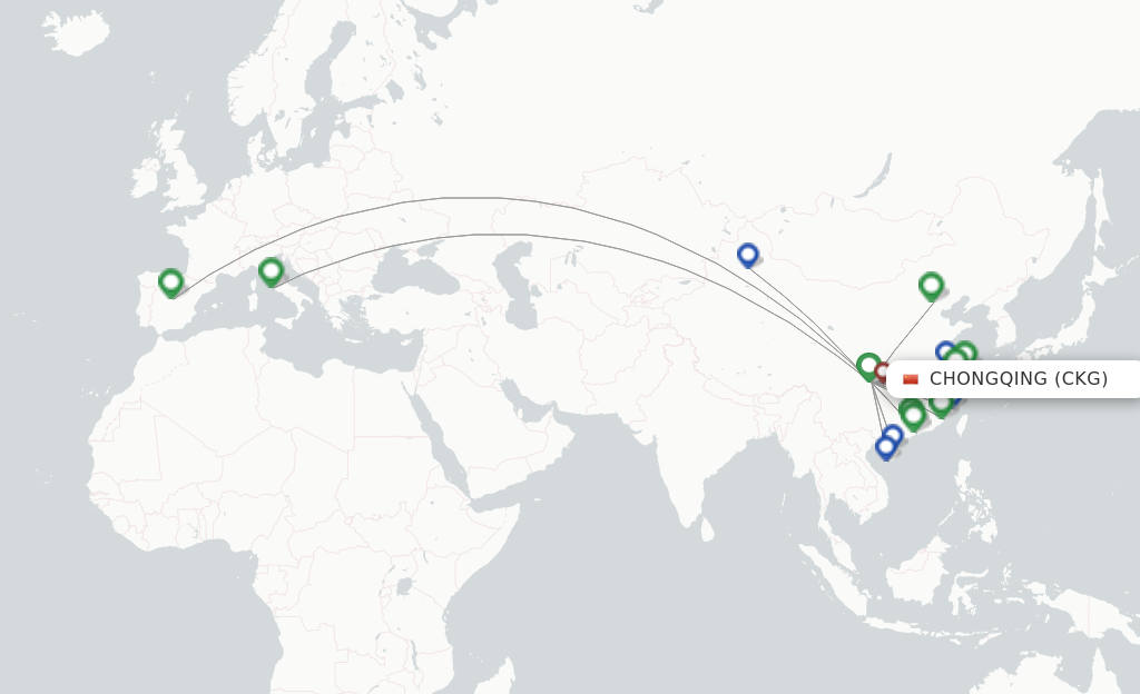 Route map with flights from Chongqing with Hainan Airlines