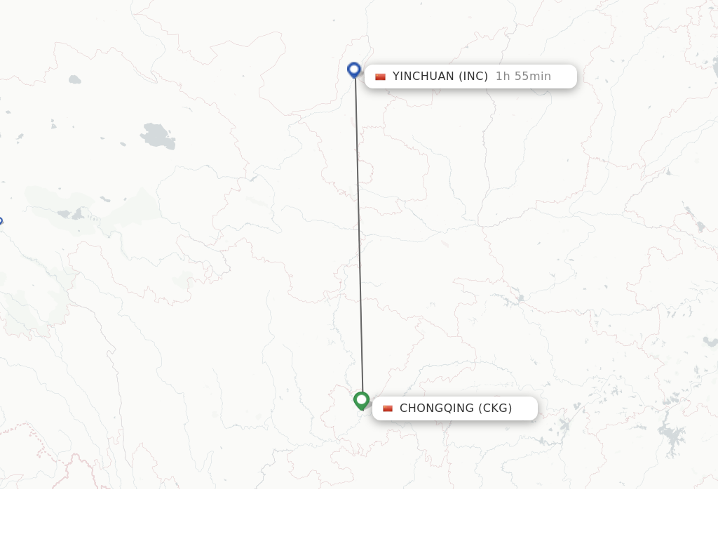 Flights from Chongqing to Yinchuan route map